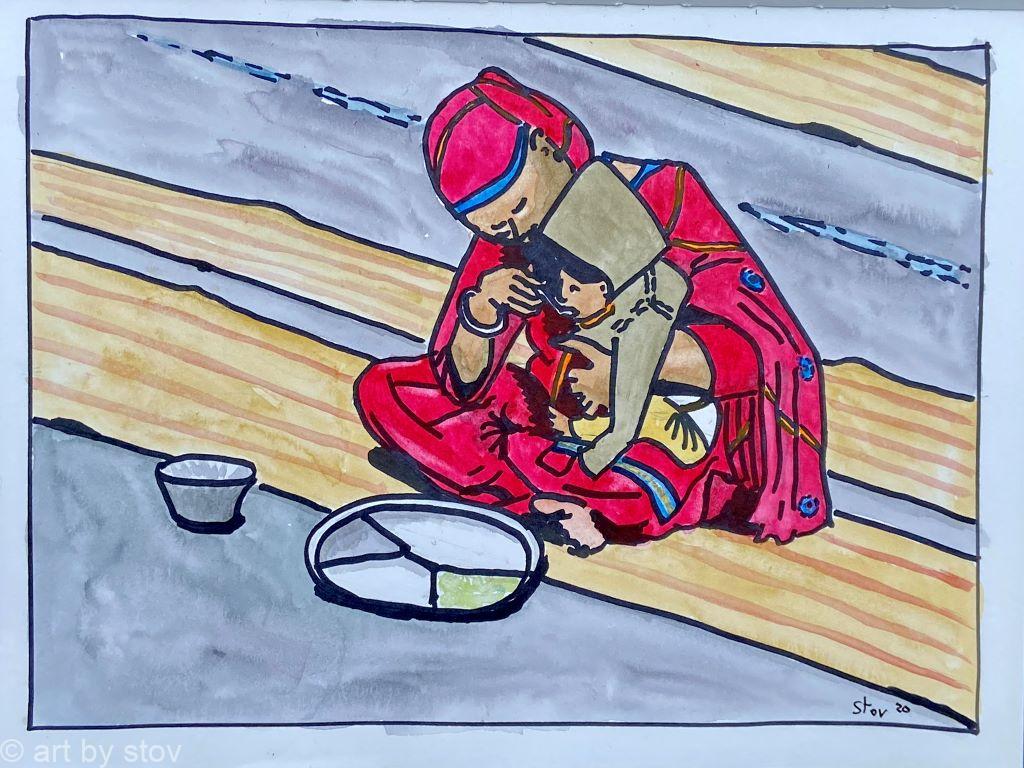 Mother and child taking langar